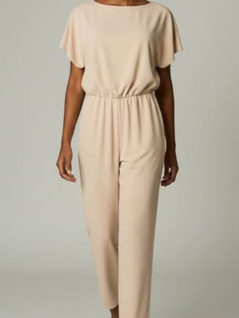 Beige Short Sleeve Jumpsuit with Elastic Waist — Size M